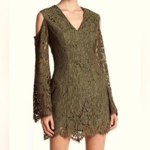 Keepsake the Label Cold Shoulder Bell Sleeves Lace Mini Dress. Khaki. Size L.